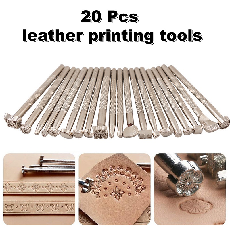 Leatherwork Tool Kit - 20個入り革刻印工具セット、革細工用サドル製作スタンプ、彫刻印刷ツール、DIY手縫いセット