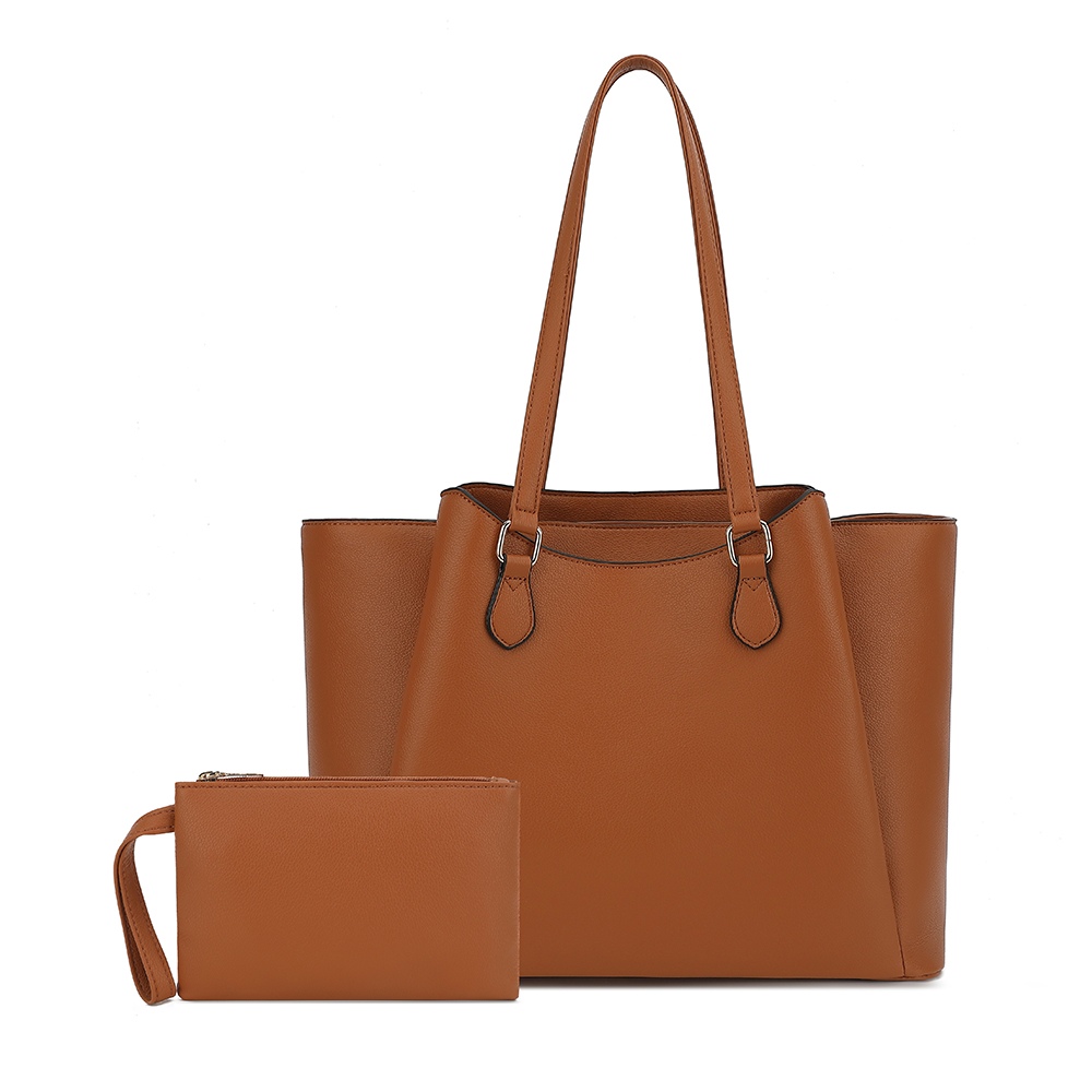 Leather Works - 女性用トートバッグ、ポーチ付き大型PUレザーショルダーハンドバッグ、13.5インチのラップトップ用ワークトラベルショッパーバッグ、ブラウン、オフィス用