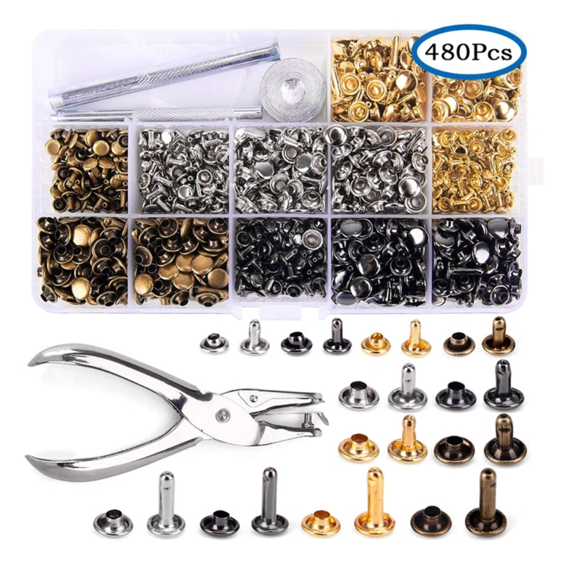 Rivet Setter Tool - パンチプライヤーと設定ツール付きレザーリベット,管状金属スタッド,ダブルキャップ,6mm, 8mm, 12.0mm, 180セット,4色