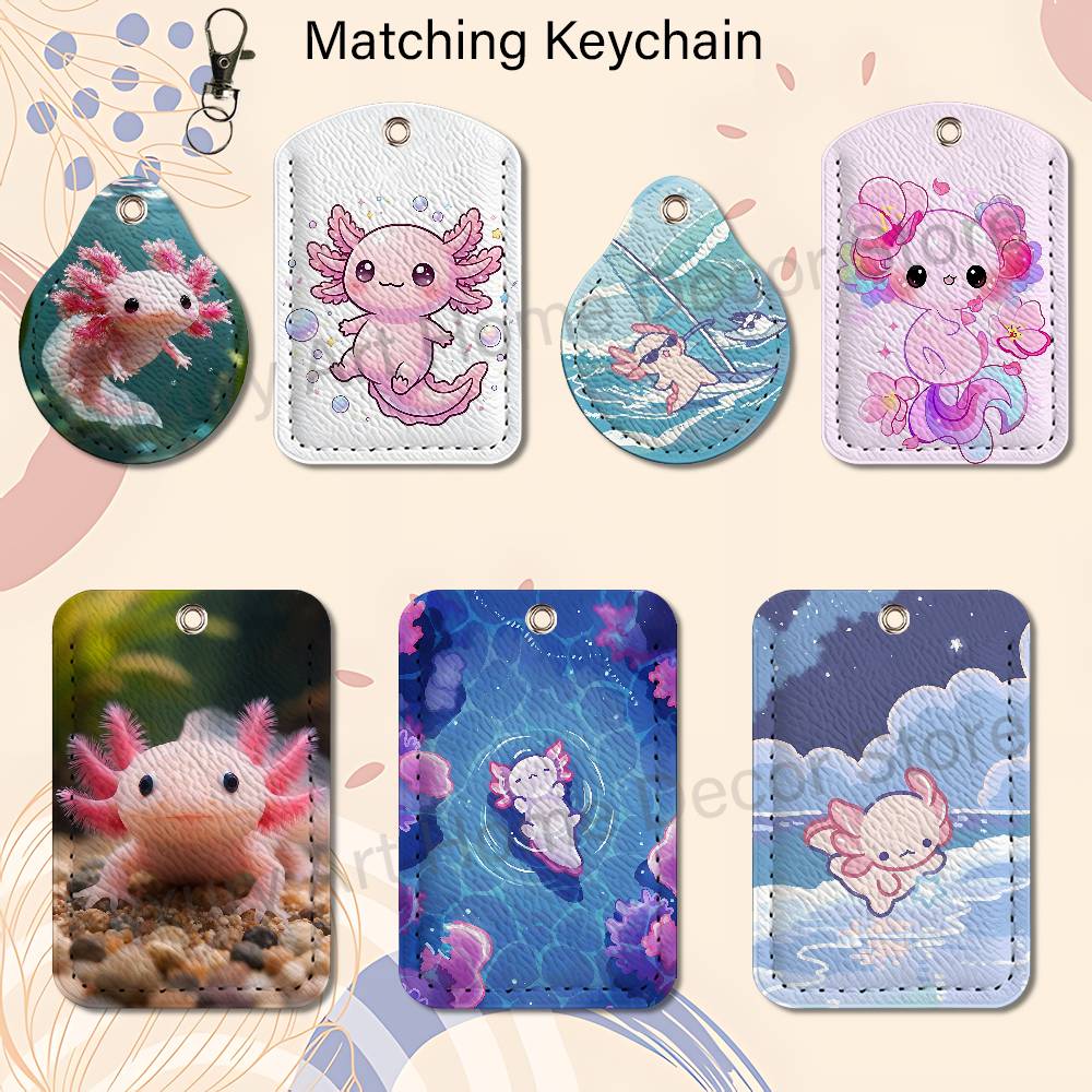 Leather Works - かわいいピンクの A-Axolotl 漫画ホルダーキーホルダー仕事用カード銀行ビジネスホルダー学生カード保護ケースバスカード
