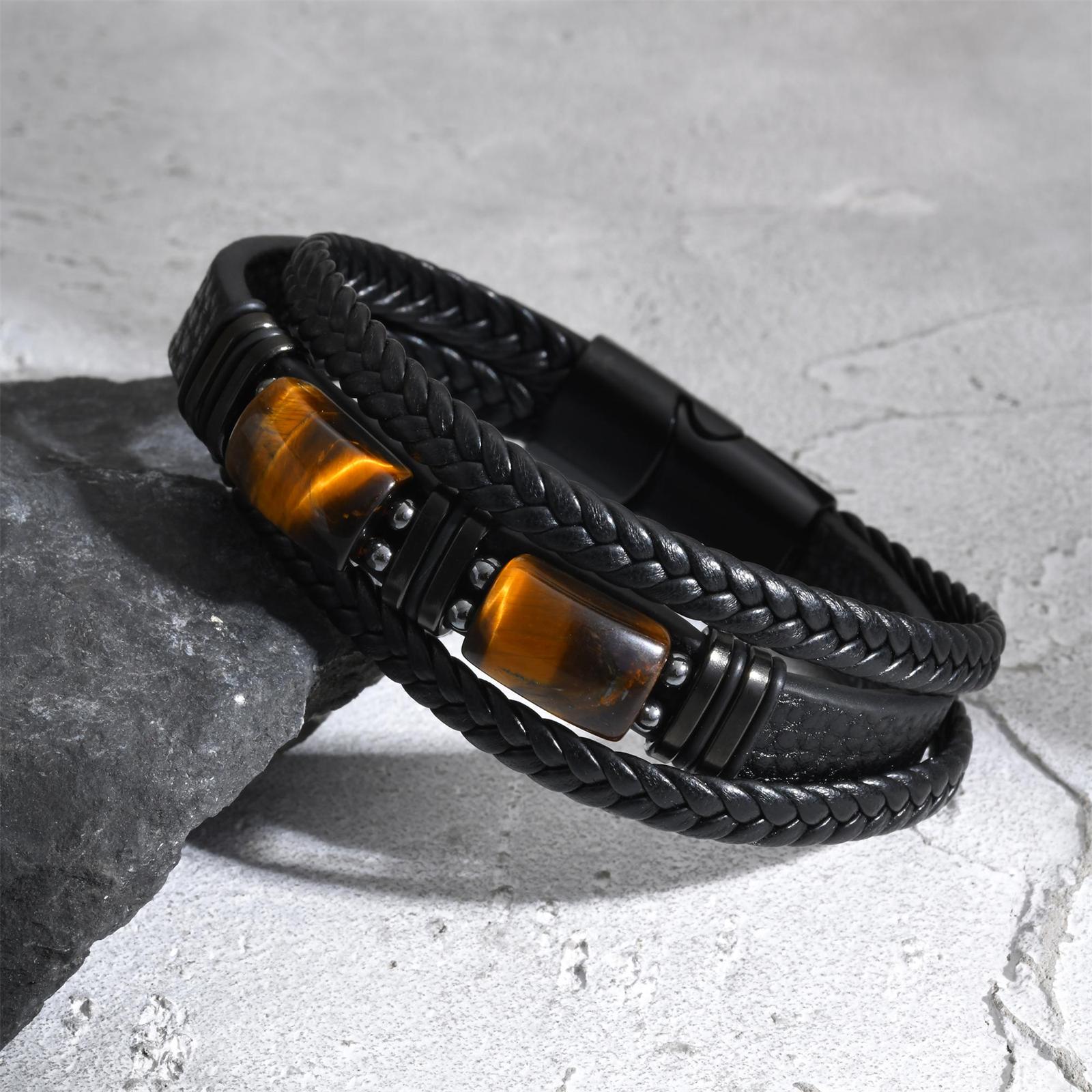 男性用編み込みレザーバングル タイガーアイストーン ブラック - Leatherwork Jewelry のレビューと価格