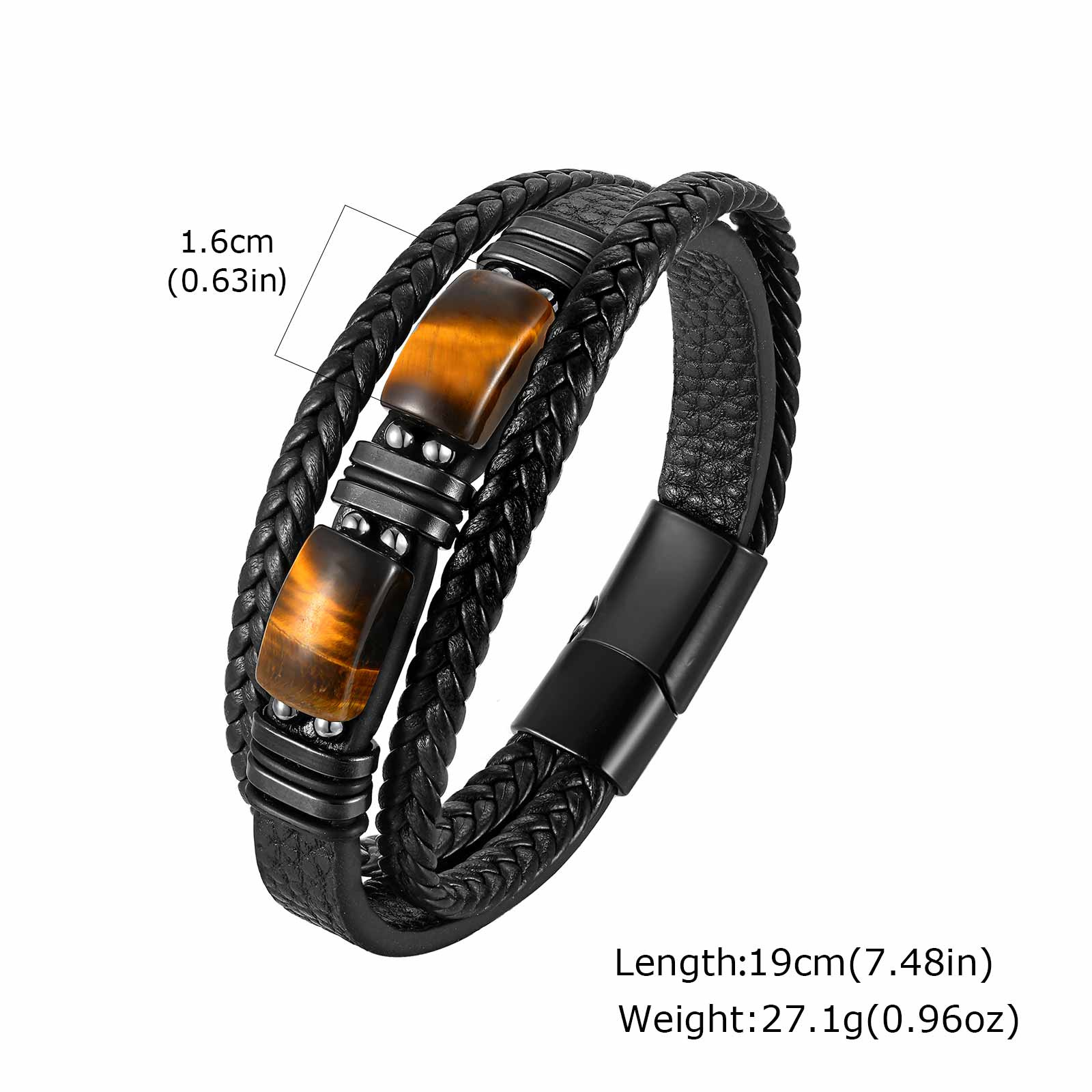 男性用編み込みレザーバングル タイガーアイストーン ブラック - Leatherwork Jewelry のレビューと価格