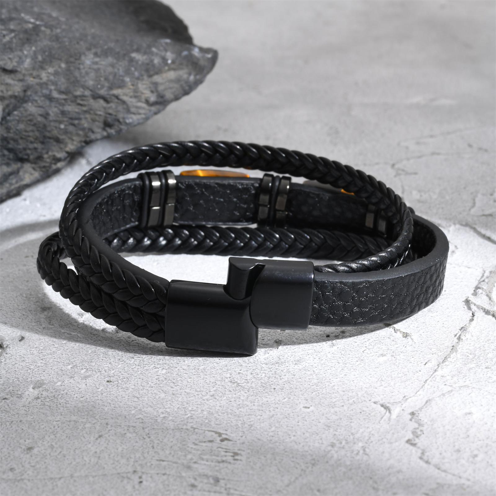 男性用編み込みレザーバングル タイガーアイストーン ブラック - Leatherwork Jewelry のレビューと価格