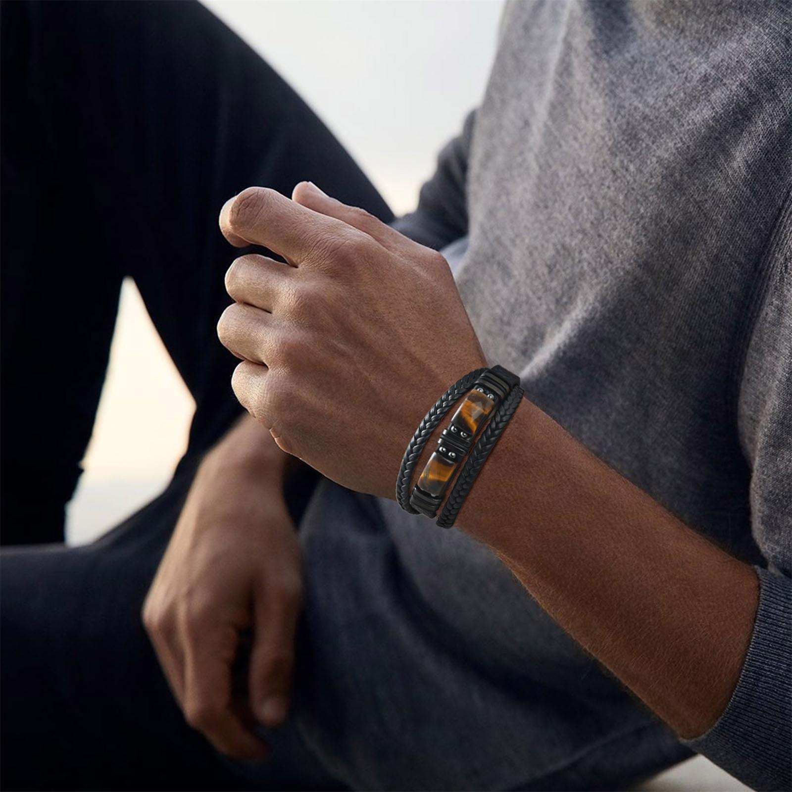 男性用編み込みレザーバングル タイガーアイストーン ブラック - Leatherwork Jewelry のレビューと価格
