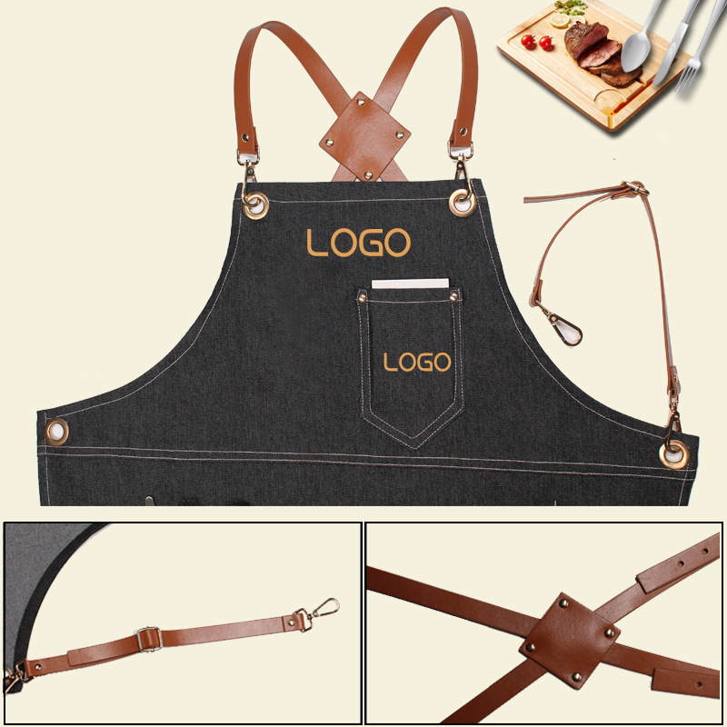 花柄PUレザーストラップ付きデニムワークエプロン、バリスタ、 - Leatherwork Apron のレビューと価格